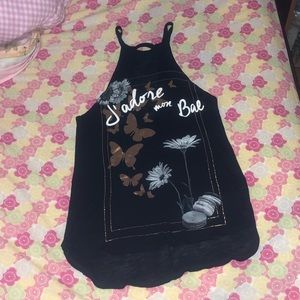 black halter top with gold butterflies and french